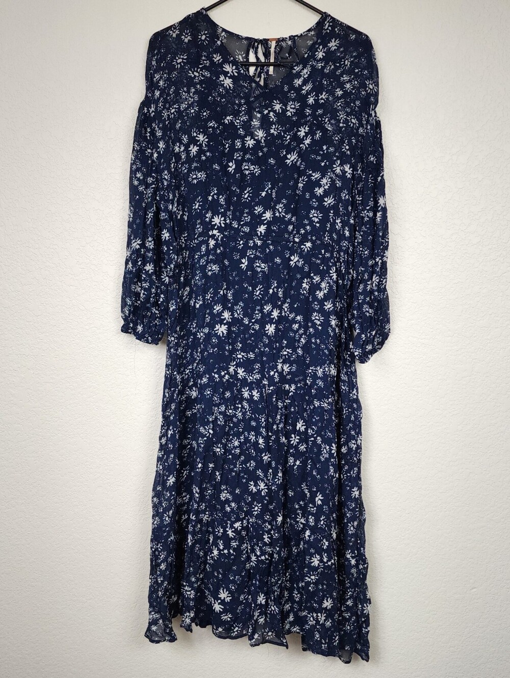 Free People Navy Blue Floral Midi Long Sleeve Dress